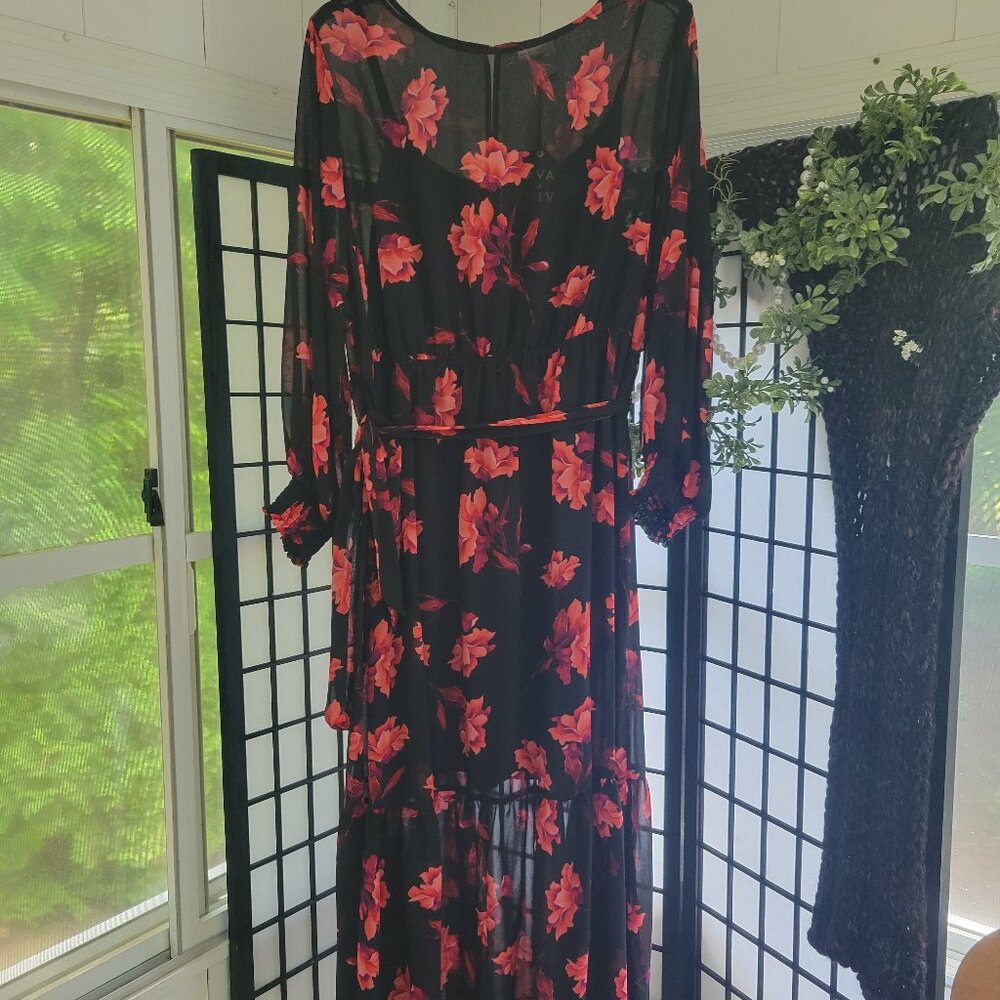 Floral Sheer Maxi Dress with Slip - Black with Red Flowers